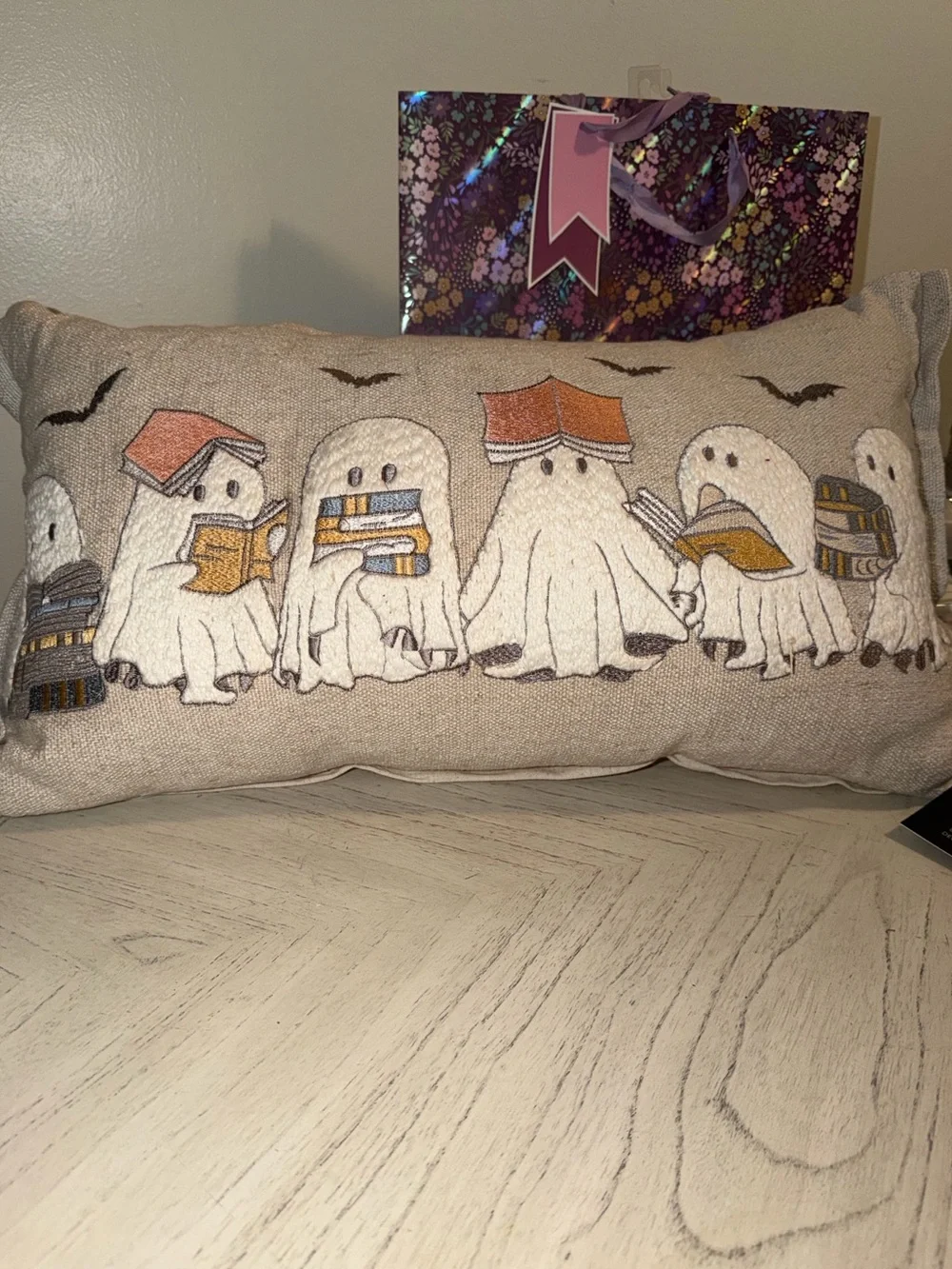 Halloween Ghosts Decorative Pillow - Neutral Beige with Orange & Black Accents